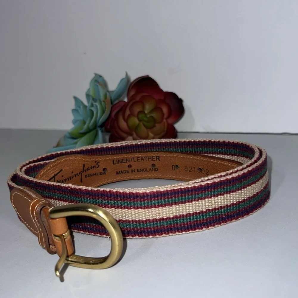 Triminghams Burmuda Linen Leather Belt Made in England Sz 40 Solid Brass Buckle